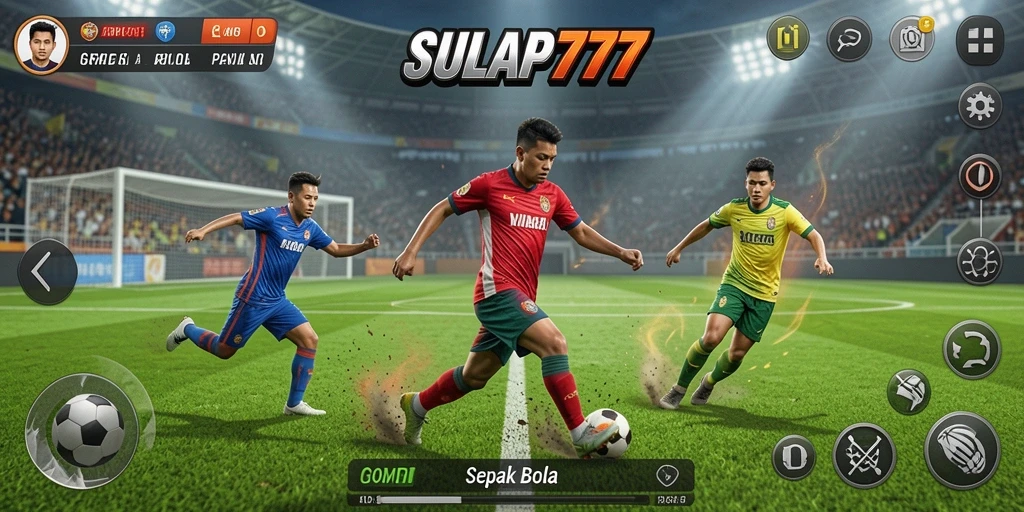 Screenshot utama SULAP777 menampilkan pertandingan sepak bola yang intens.