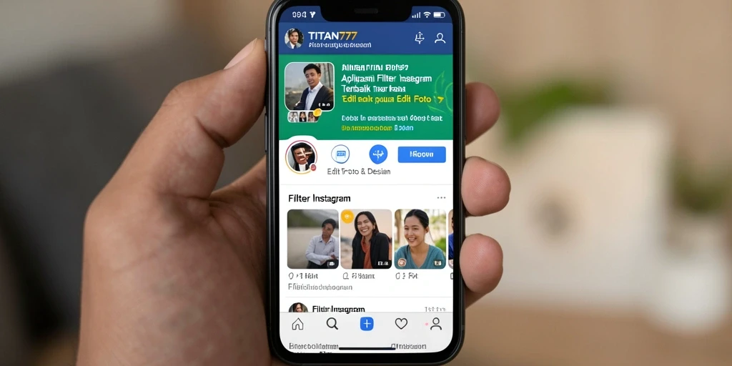 Antarmuka TITAN777 menampilkan berbagai filter kreatif untuk foto Instagram.